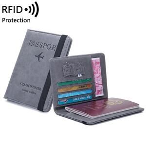 NEW Gray faux leather RFID protection passport cover card holder wallet B191